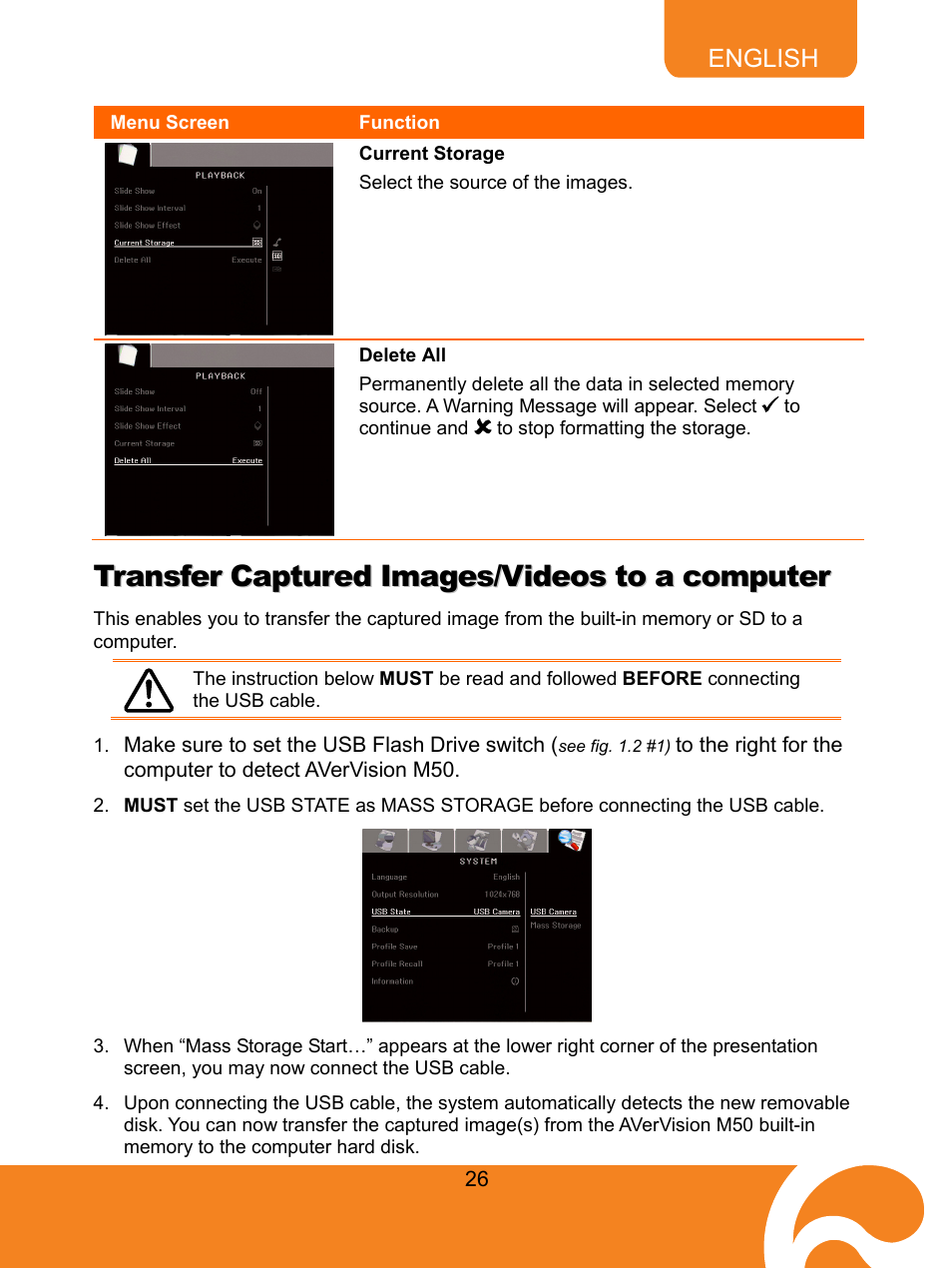 84bcurrent storage, 85bdelete all, Transfer captured images/videos to a computer | Current storage, Delete all | AVer M50(355AF) user manual User Manual | Page 31 / 43