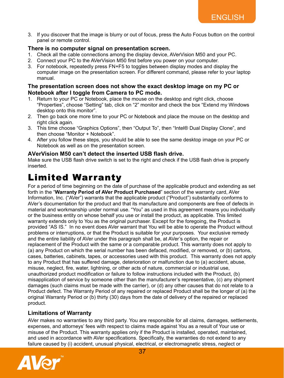 Limited warranty | AVer M50(355AF) user manual User Manual | Page 42 / 43