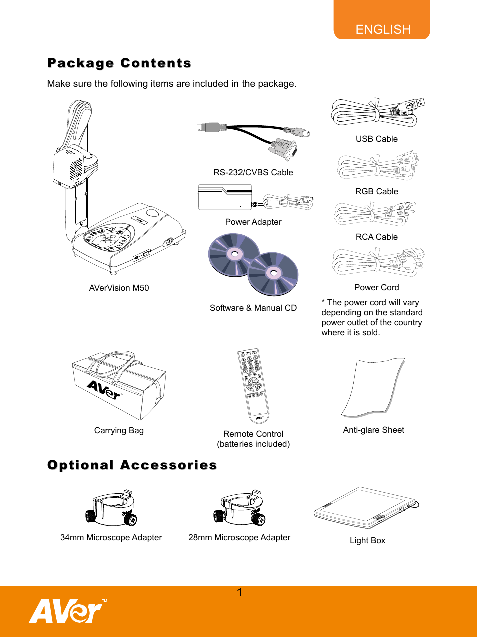 Package contents, Optional accessories | AVer M50(355AF) user manual User Manual | Page 6 / 43