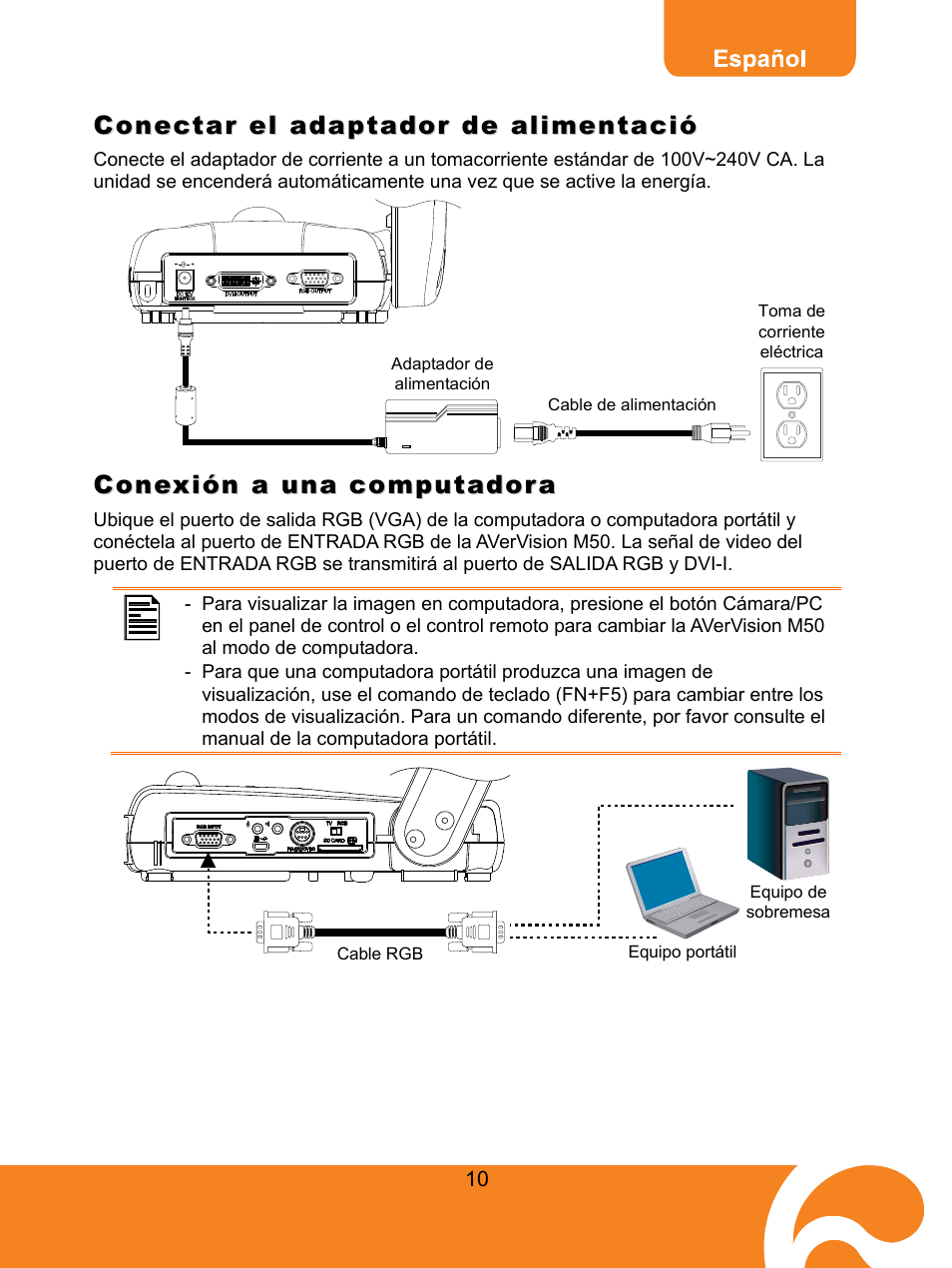 Conectar el adaptador de alimentació, Conexión a una computadora | AVer M50(355AF) user manual User Manual | Page 14 / 44