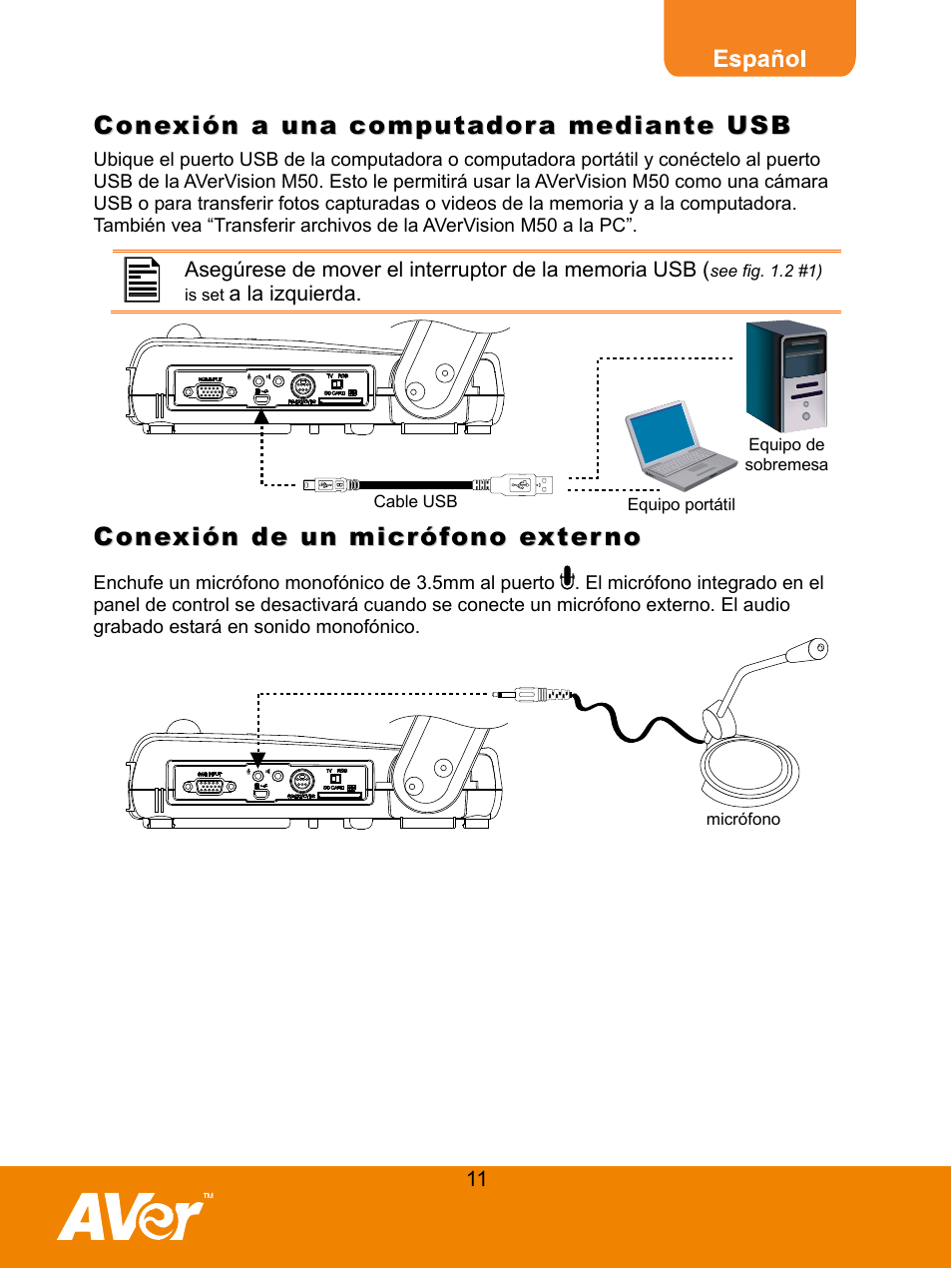 Conexión a una computadora mediante usb, Conexión de un micrófono externo | AVer M50(355AF) user manual User Manual | Page 15 / 44