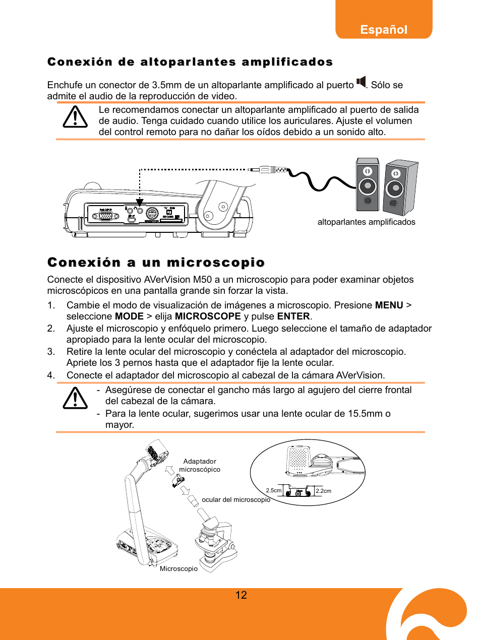 Conexión de altoparlantes amplificados, Conexión a un microscopio | AVer M50(355AF) user manual User Manual | Page 16 / 44