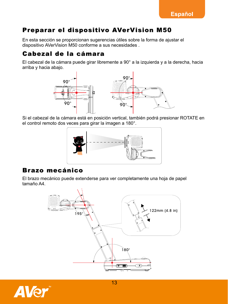 Preparar el dispositivo avervision m50, Cabezal de la cámara, Brazo mecánico | AVer M50(355AF) user manual User Manual | Page 17 / 44