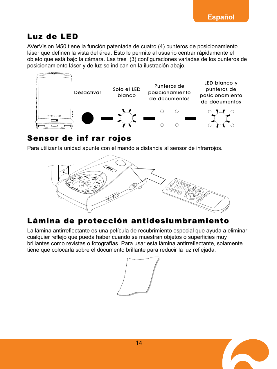 Luz de led, Sensor de inf rar rojos, Lámina de protección antideslumbramiento | AVer M50(355AF) user manual User Manual | Page 18 / 44