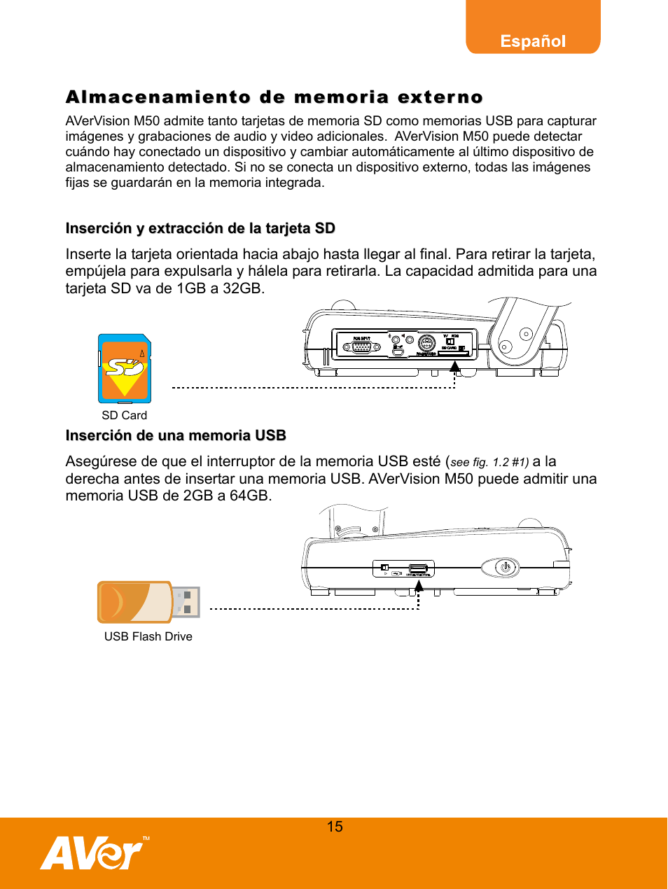 Almacenamiento de memoria externo, Inserción de una memoria usb, Inserción | Memoria | AVer M50(355AF) user manual User Manual | Page 19 / 44