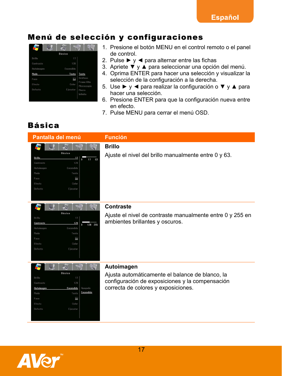 Menú de selección y configuraciones, Básica, Brillo | Contraste | AVer M50(355AF) user manual User Manual | Page 21 / 44