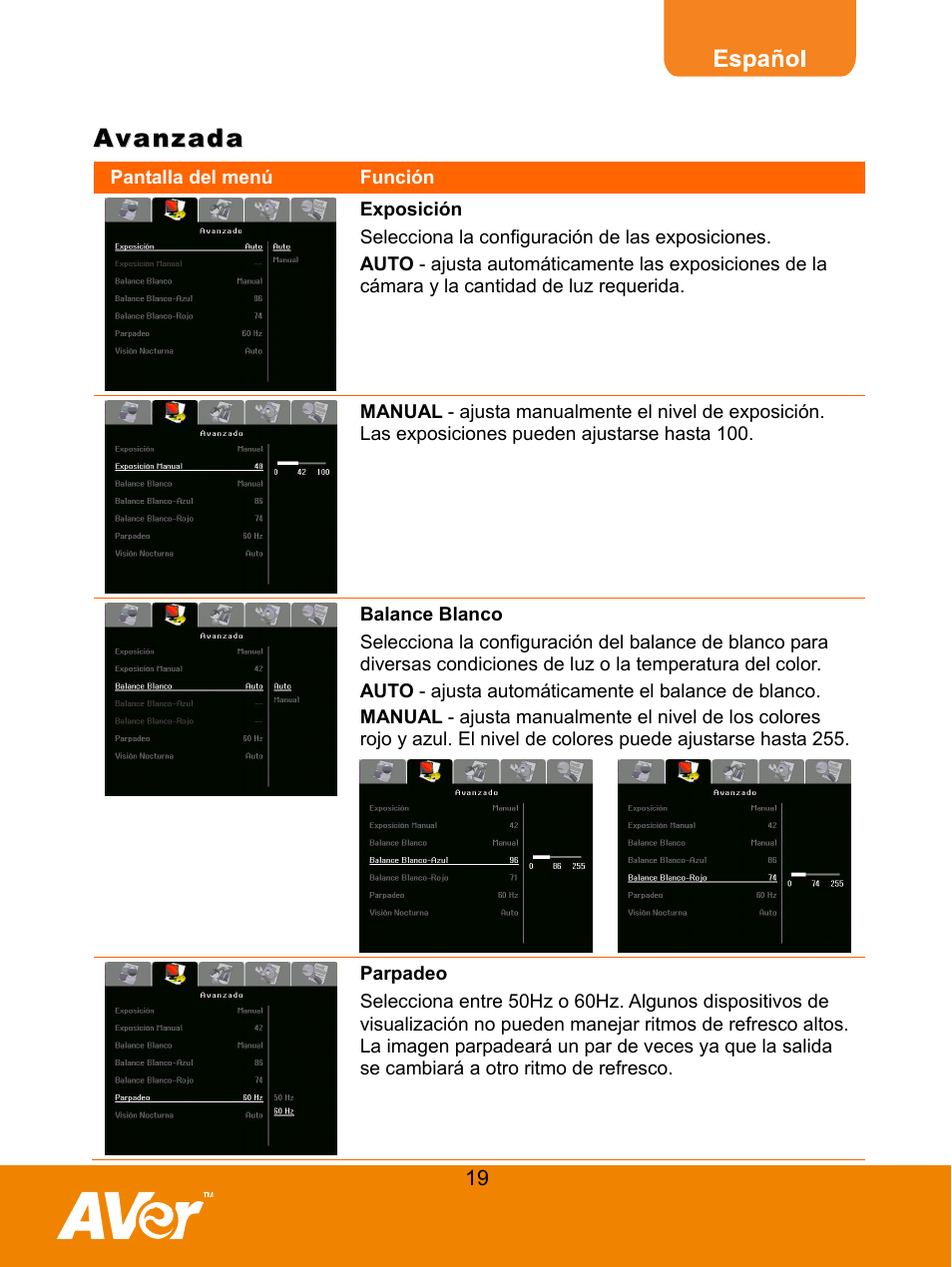 Avanzada, Exposición, Balance blanco | Parpadeo | AVer M50(355AF) user manual User Manual | Page 23 / 44