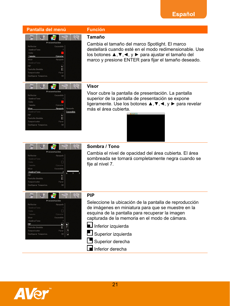 Tamaño, Visor, Sombra / tono | AVer M50(355AF) user manual User Manual | Page 25 / 44