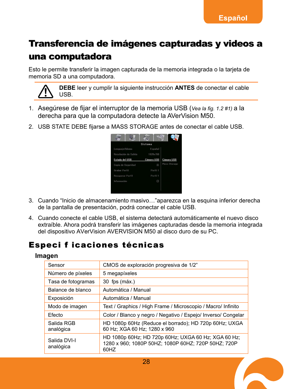 Especi f icaciones técnicas, Imagen | AVer M50(355AF) user manual User Manual | Page 32 / 44