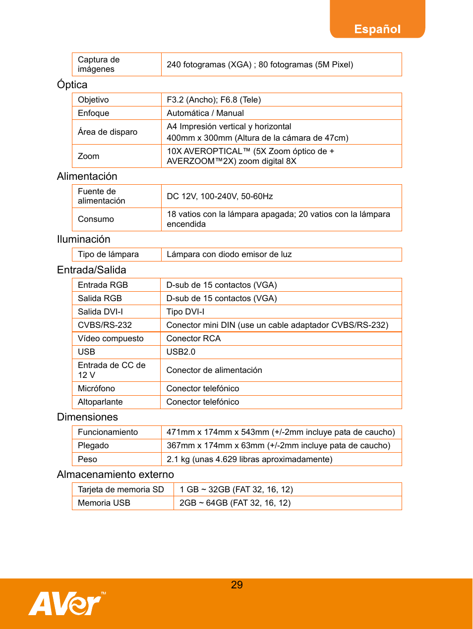 Óptica, Alimentación, Iluminación | Entrada/salida, Dimensiones, Almacenamiento externo | AVer M50(355AF) user manual User Manual | Page 33 / 44