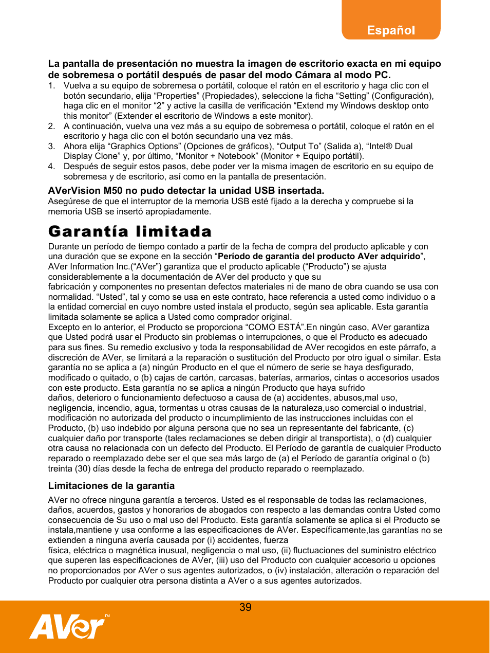 Garantía limitada, Ga rantía limitada rantía limitada | AVer M50(355AF) user manual User Manual | Page 43 / 44