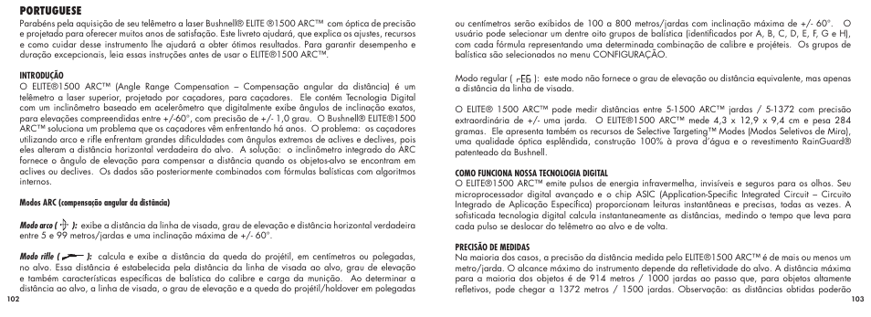 Portuguese | Bushnell ELITE1500ARCTM 20-5101 User Manual | Page 53 / 63