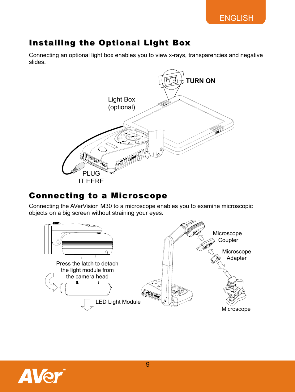 Installing the optional light box, Connecting to a microscope | AVer M30(310AF) user manual User Manual | Page 12 / 27