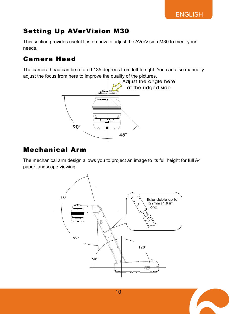 Setting up avervision m30, Camera head, Mechanical arm | AVer M30(310AF) user manual User Manual | Page 13 / 27