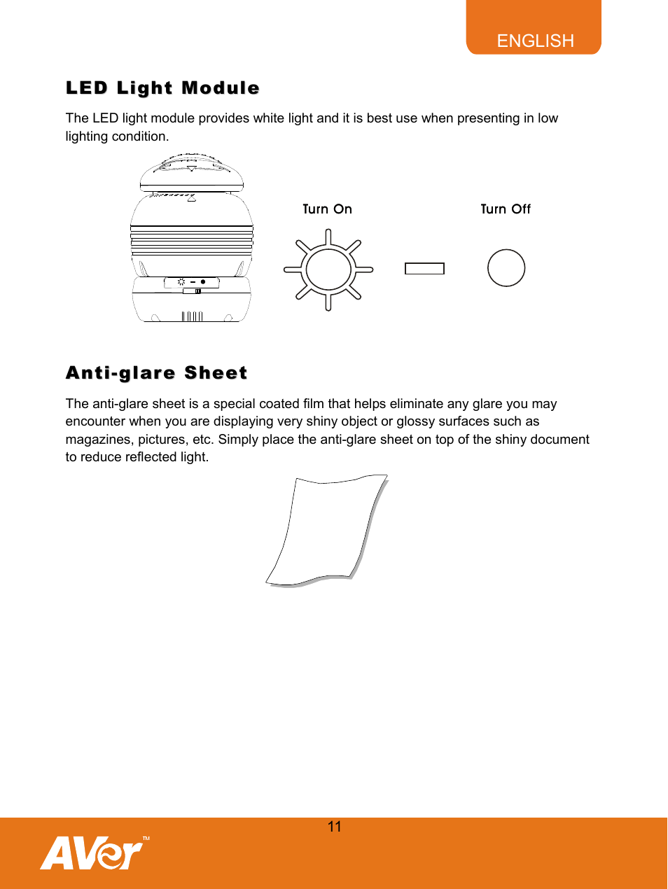 Led light module, Anti-glare sheet | AVer M30(310AF) user manual User Manual | Page 14 / 27