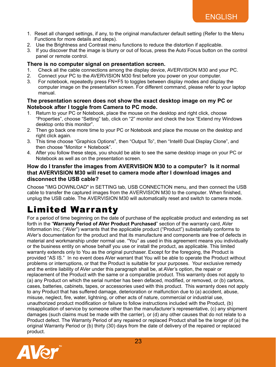 Limited warranty | AVer M30(310AF) user manual User Manual | Page 26 / 27