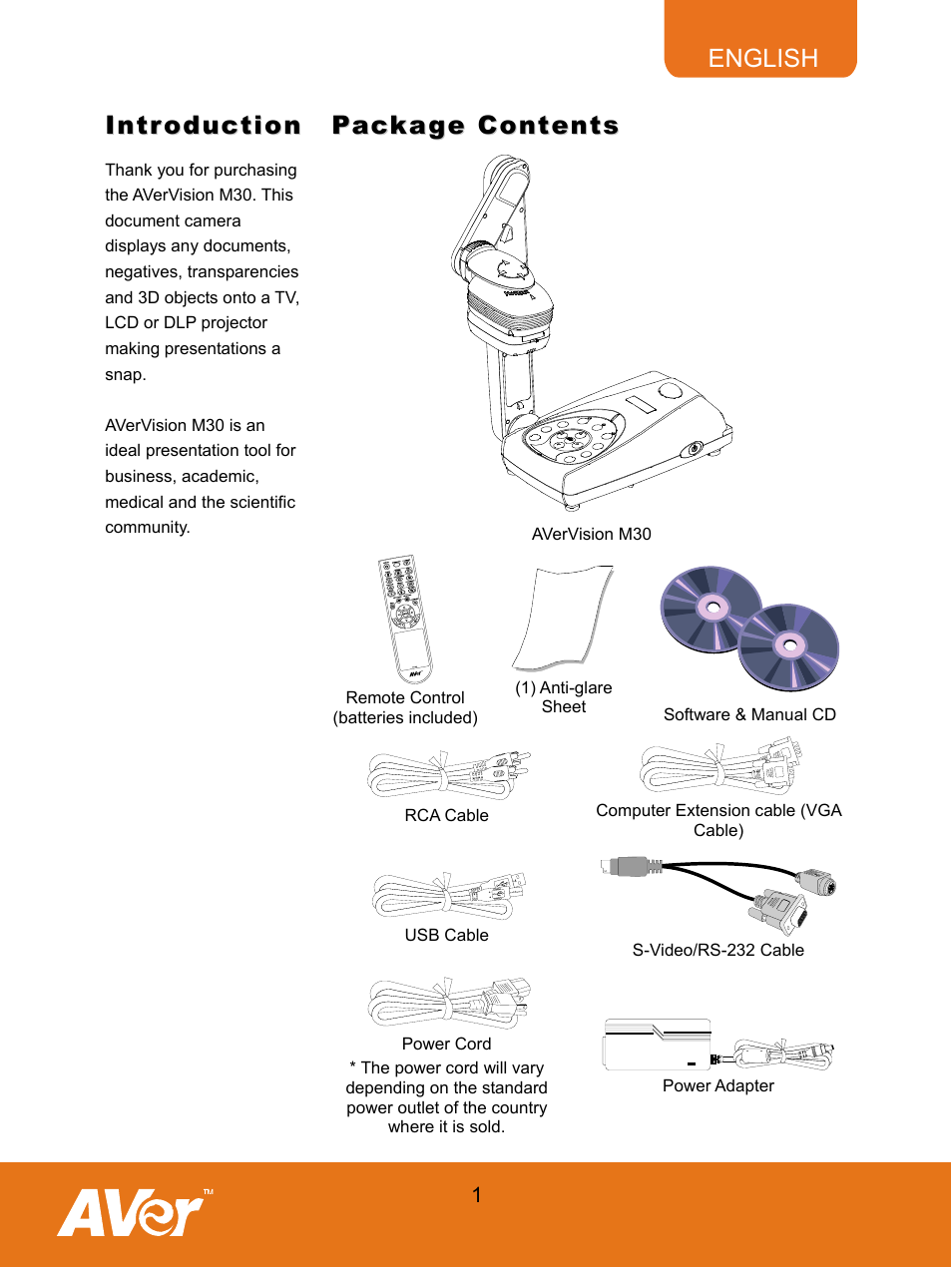 Introduction, Package contents | AVer M30(310AF) user manual User Manual | Page 4 / 27