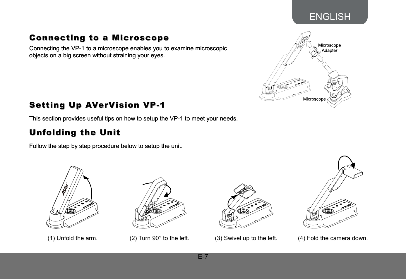 Making the connections, Connecting to a microscope, Setting up avervision vp-1 | Unfolding the unit, English | AVer VP-1 User Manual | Page 11 / 16