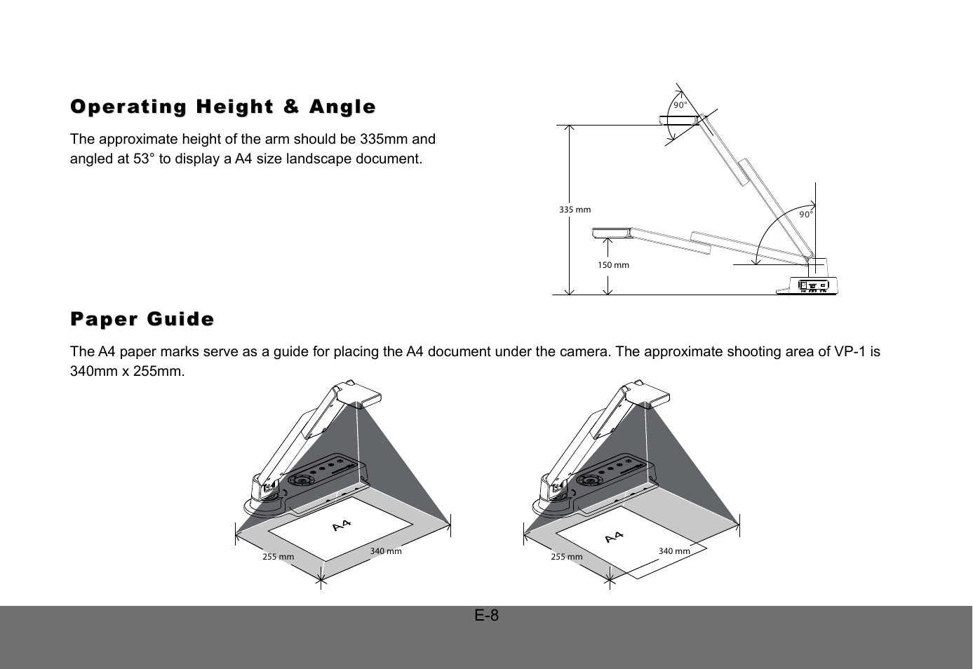 Operating height & angle, Paper guide | AVer VP-1 User Manual | Page 12 / 16