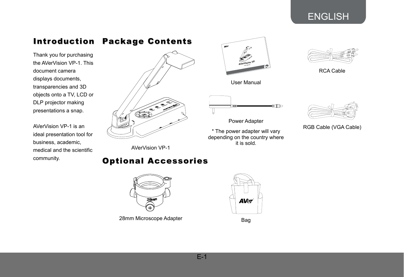 Introduction, Package contents, Optional accessories | English | AVer VP-1 User Manual | Page 5 / 16