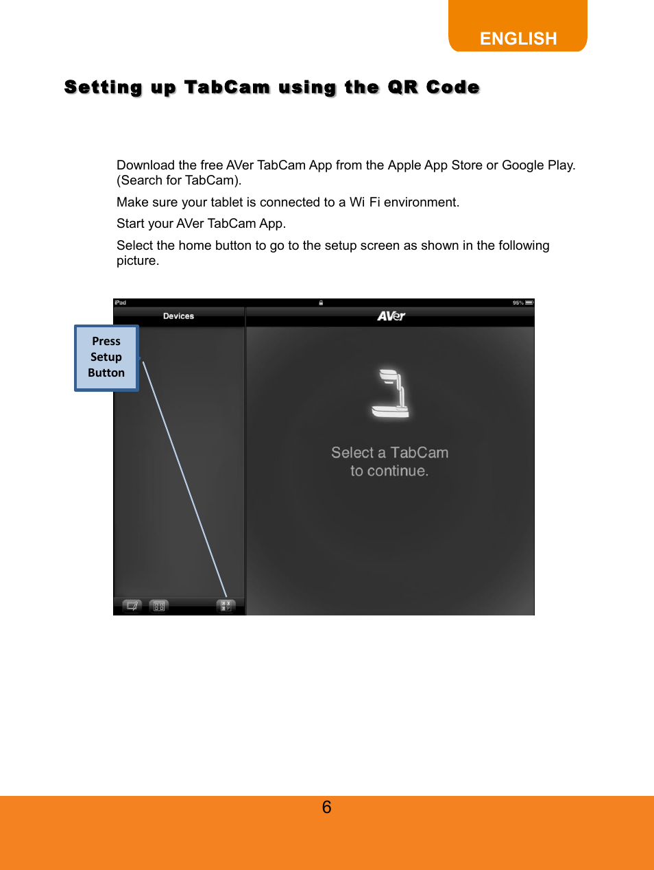 Set up tabcam using the qr code, Use ipad or android pad app, English setting up tabcam using the qr code | AVer TabCam user manual User Manual | Page 10 / 27