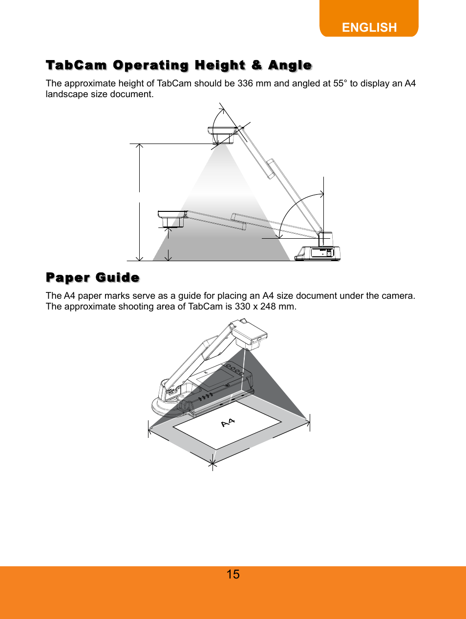 Paper guide, English tabcam operating height & angle | AVer TabCam user manual User Manual | Page 19 / 27