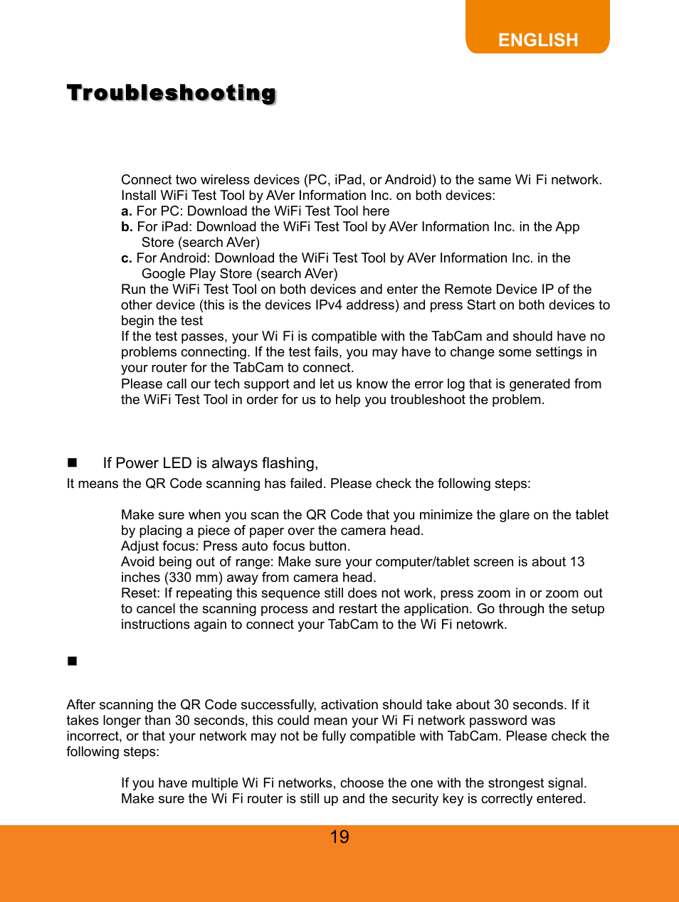 Troubleshooting, English | AVer TabCam user manual User Manual | Page 23 / 27