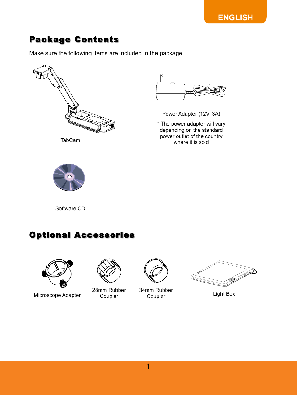 Package contents, Optional accessories, Get familiar with the tabcam | English | AVer TabCam user manual User Manual | Page 5 / 27