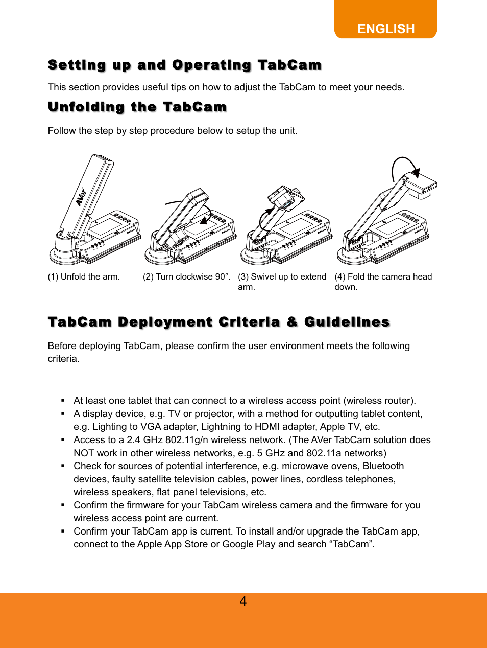 Setting up and operating tabcam, Unfolding the tabcam, Tabcam deployment criteria & guidelines | Basic deployment criteria & guidelines, English | AVer TabCam user manual User Manual | Page 8 / 27