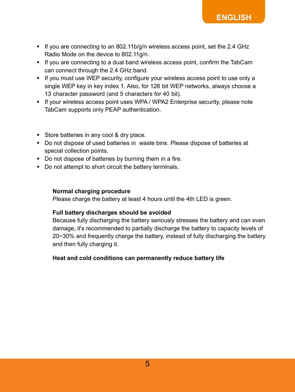 Advanced deployment criteria & guidelines, Battery safety information, Battery usage | English | AVer TabCam user manual User Manual | Page 9 / 27