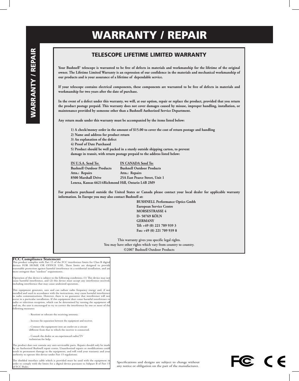 Warranty / repair, Wa rr ant y / re pai r, Telescope lifetime limited warranty | Bushnell Discoverer User Manual | Page 33 / 116