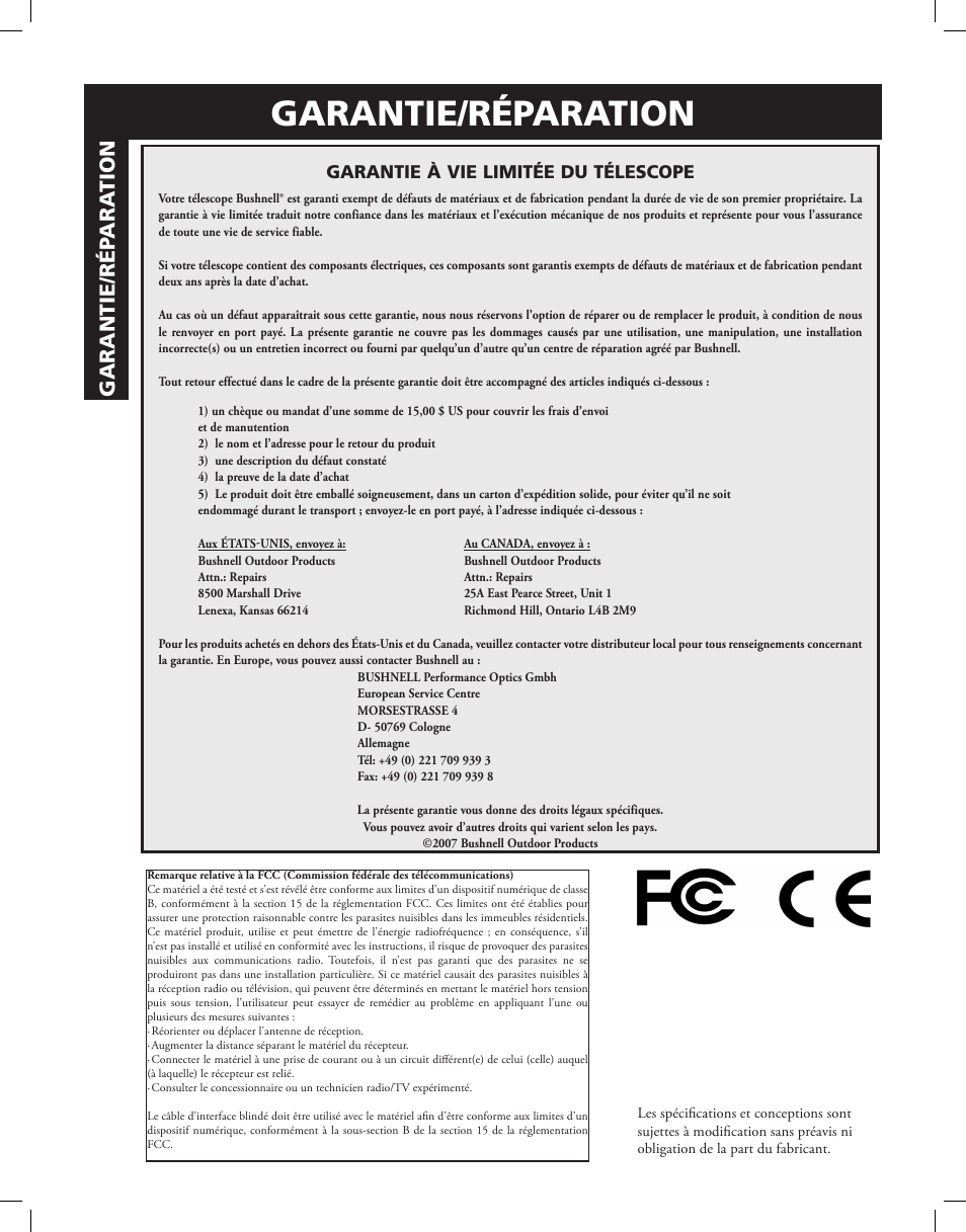 Garantie/réparation, Garantie à vie limitée du télescope | Bushnell Discoverer User Manual | Page 49 / 116
