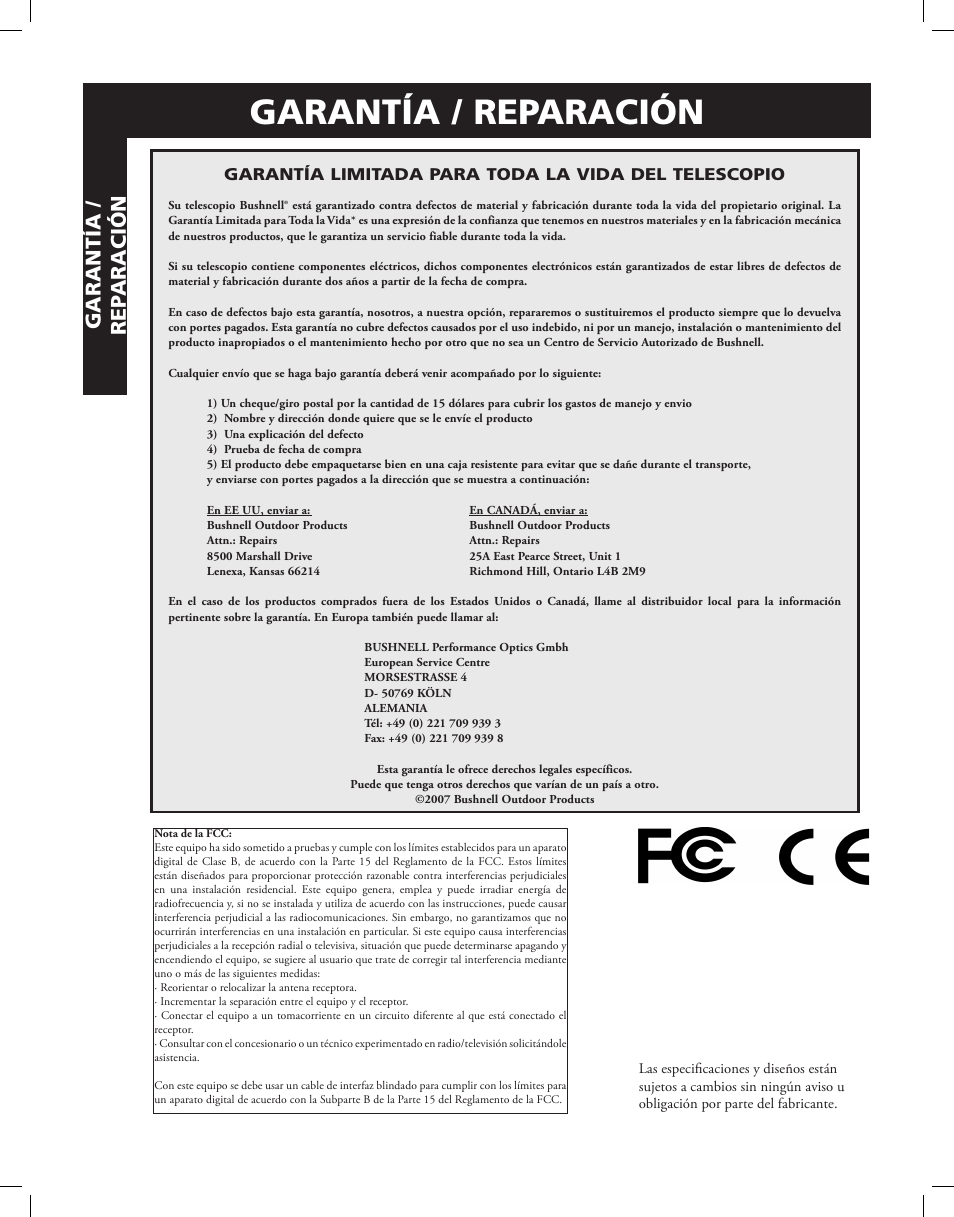 Garantía / reparación | Bushnell Discoverer User Manual | Page 65 / 116