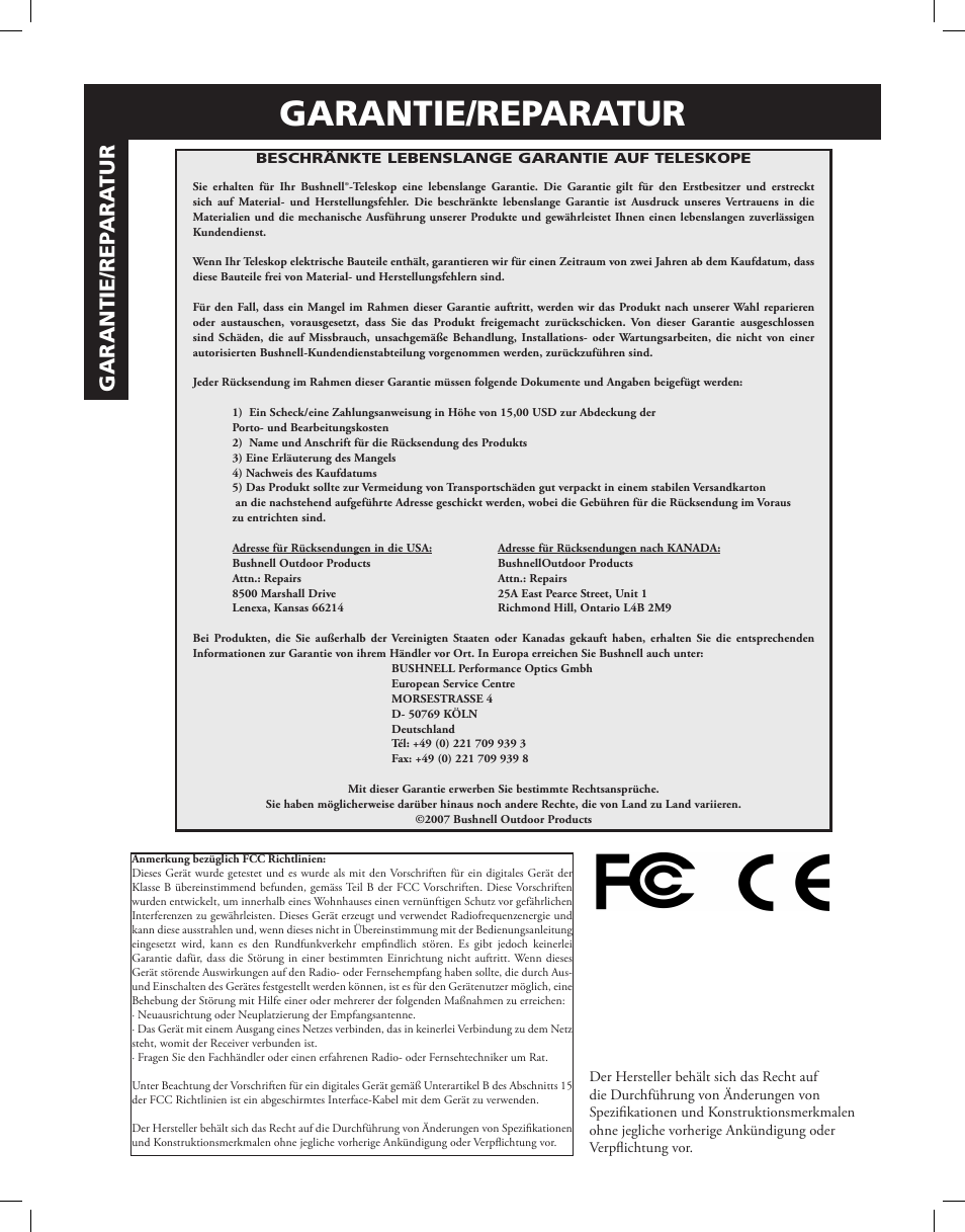 Garantie/reparatur, Ga r anti e /re pa r a tur | Bushnell Discoverer User Manual | Page 81 / 116