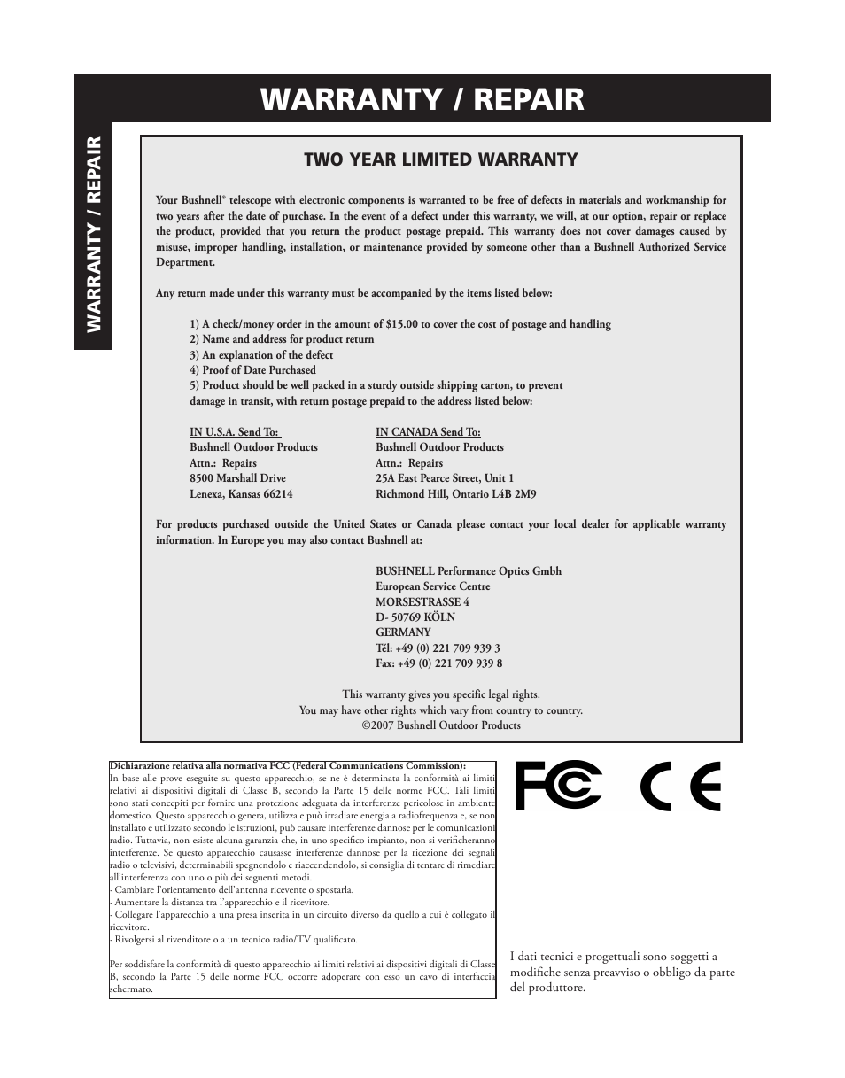 Warranty / repair, Wa rr ant y / re pai r, Two year limited warranty | Bushnell Discoverer User Manual | Page 97 / 116