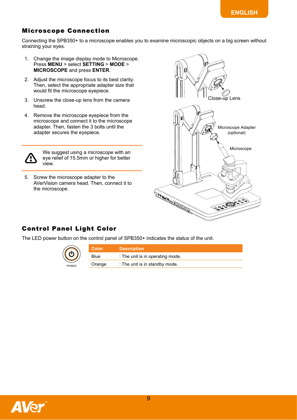 Microscope connection, Control panel light color | AVer SPB350+ User Manual | Page 11 / 24
