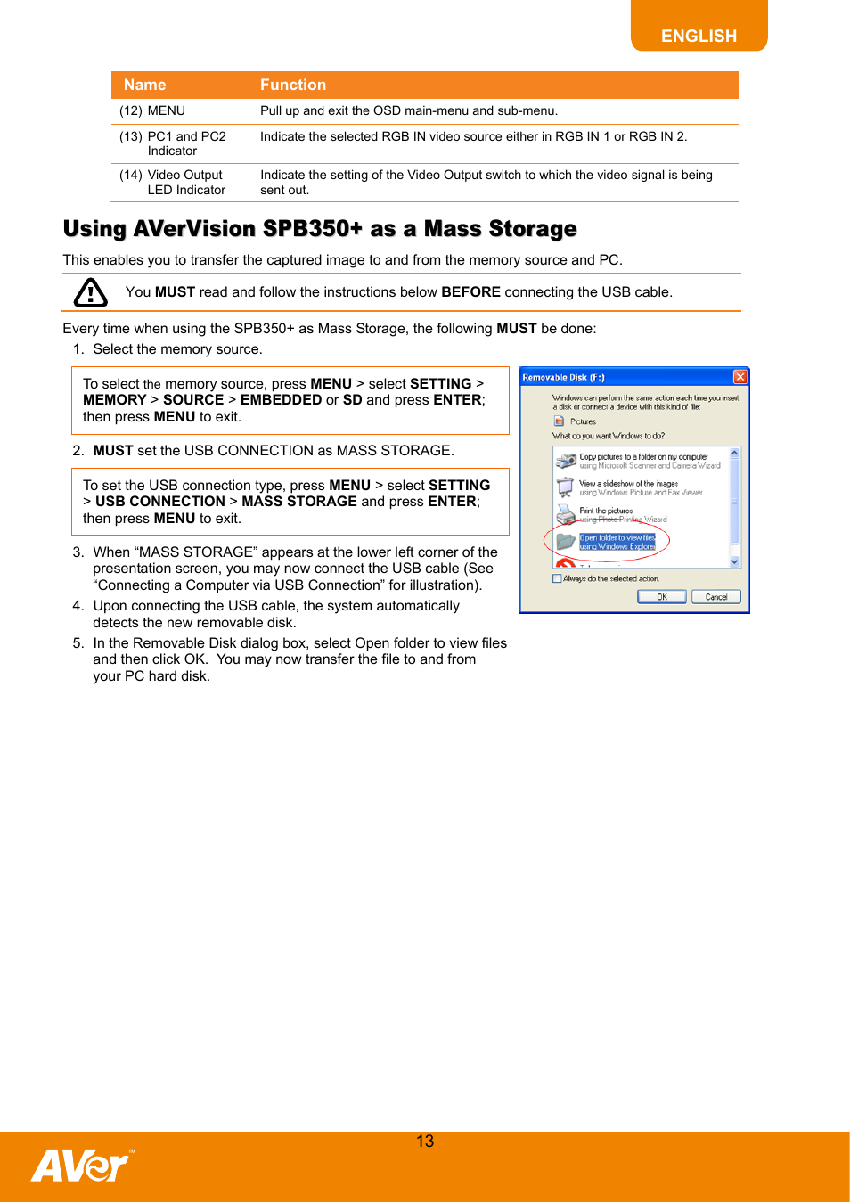 Using avervision spb350+ as a mass storage | AVer SPB350+ User Manual | Page 15 / 24