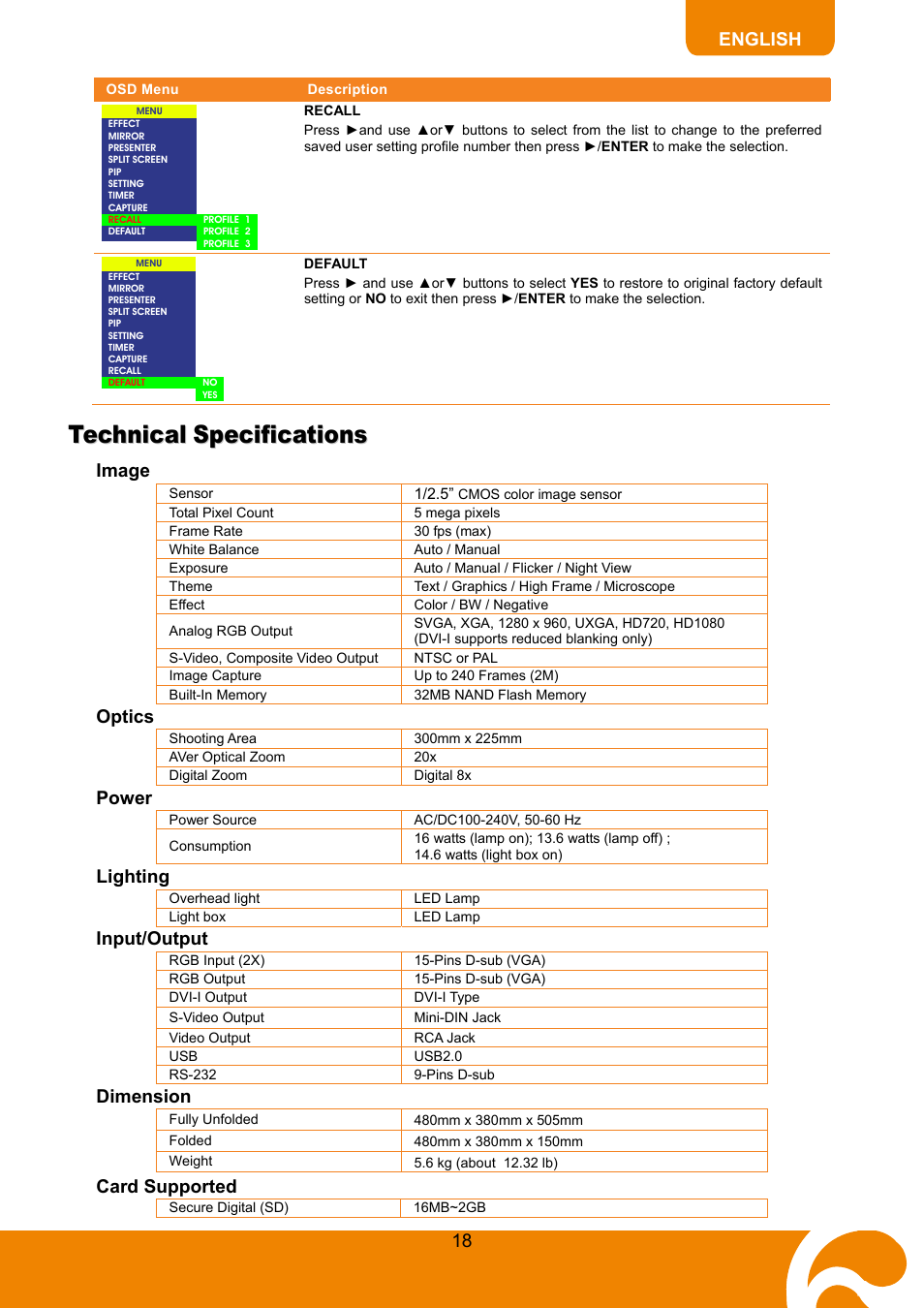 Technical specifications | AVer SPB350+ User Manual | Page 20 / 24