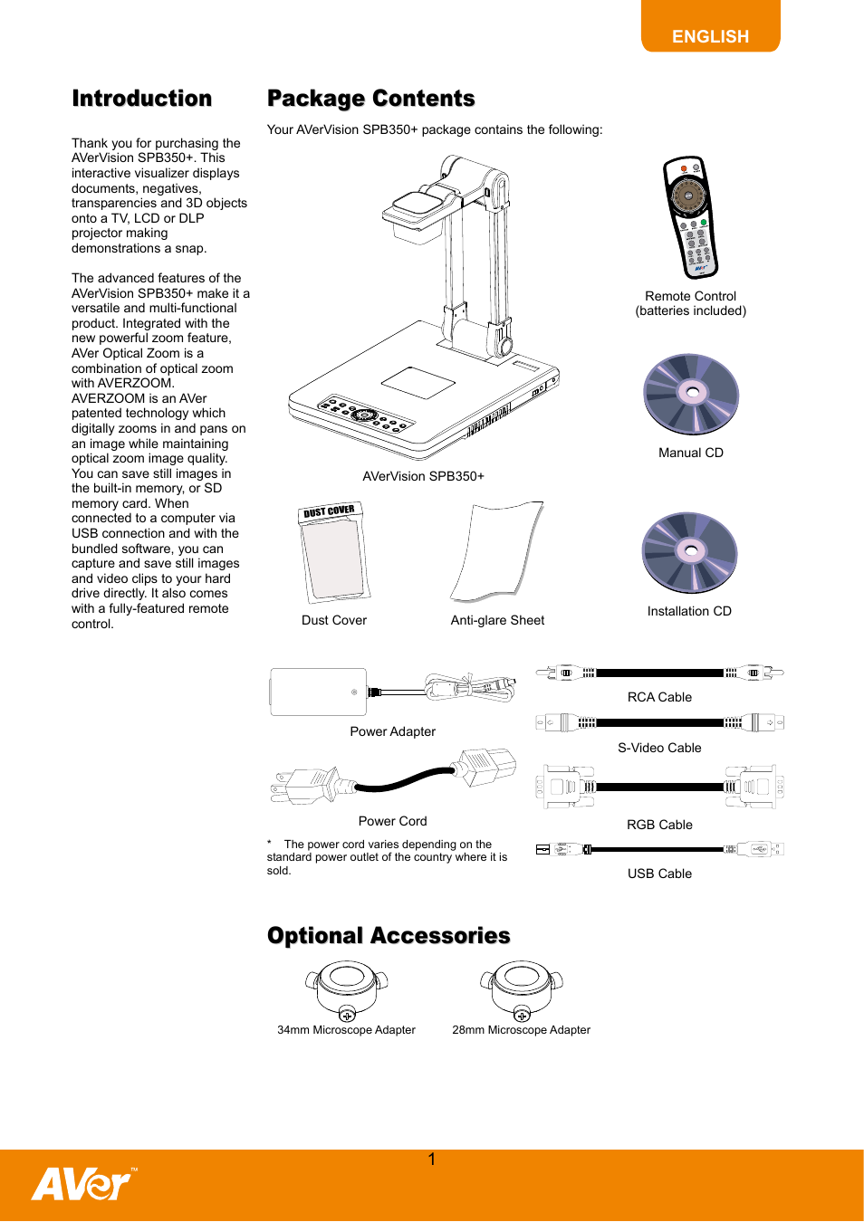 Introduction, Package contents, Optional accessories | AVer SPB350+ User Manual | Page 3 / 24