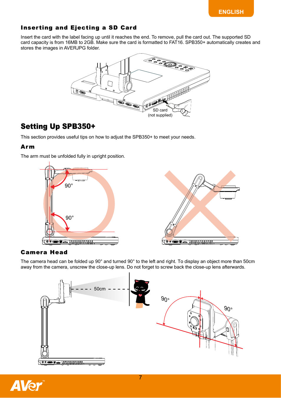 Inserting and ejecting a sd card, Setting up spb350, Camera head | AVer SPB350+ User Manual | Page 9 / 24