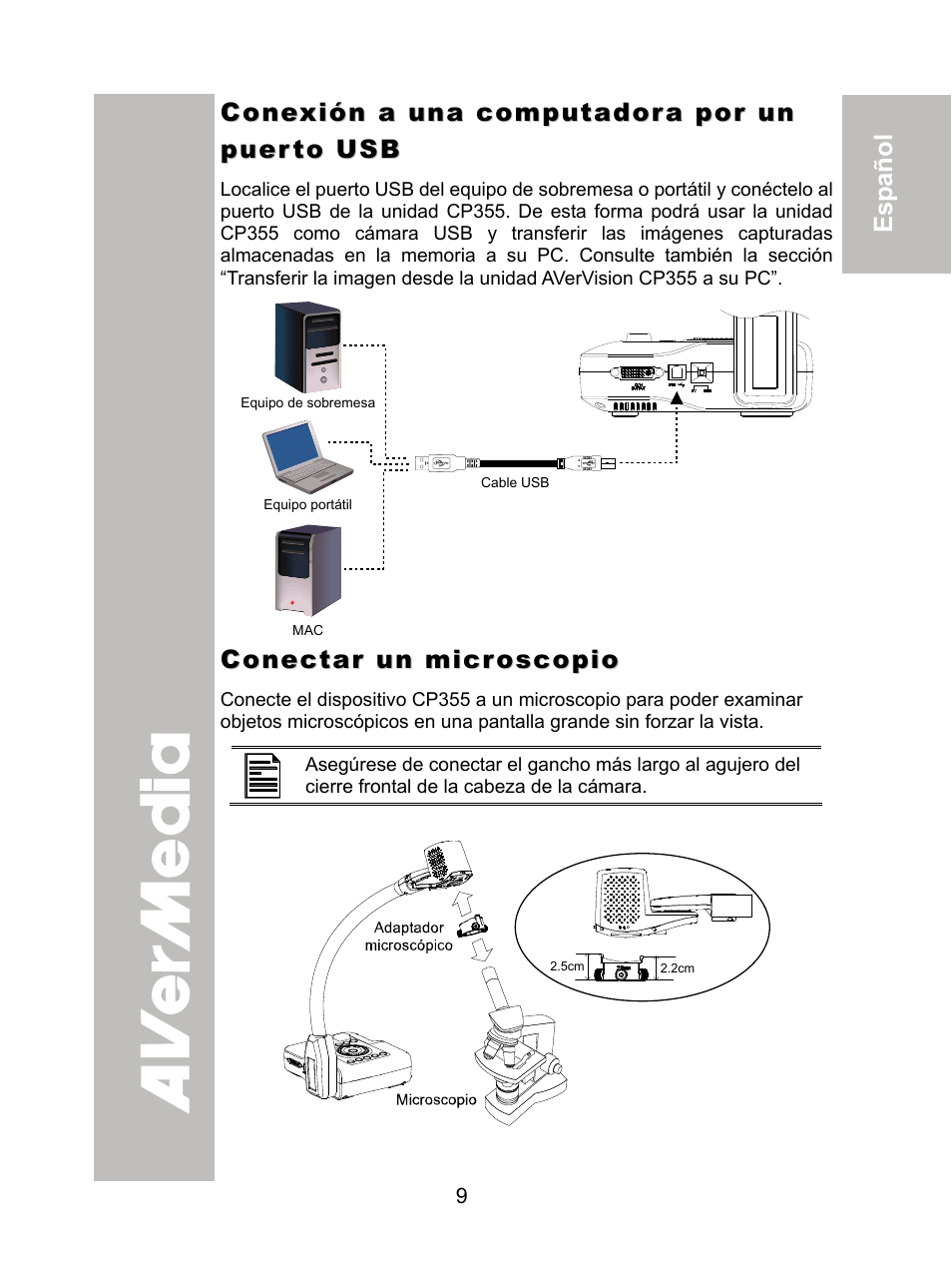 Conexión a una computadora por un puerto usb, Conectar un microscopio | AVer CP355 user manual User Manual | Page 13 / 33