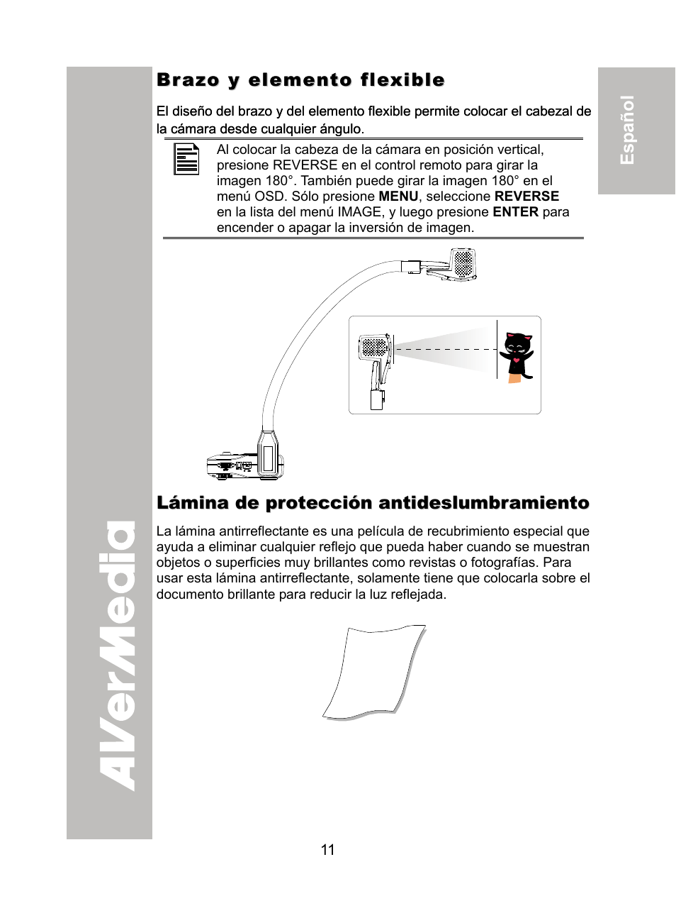 Brazo y elemento flexible, Lámina de protección antideslumbramiento | AVer CP355 user manual User Manual | Page 15 / 33