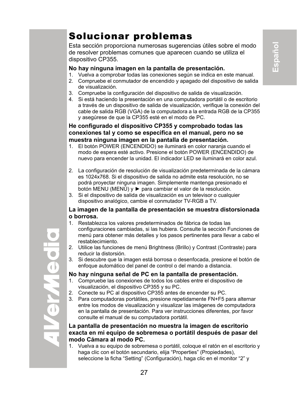 Solucionar problemas | AVer CP355 user manual User Manual | Page 31 / 33