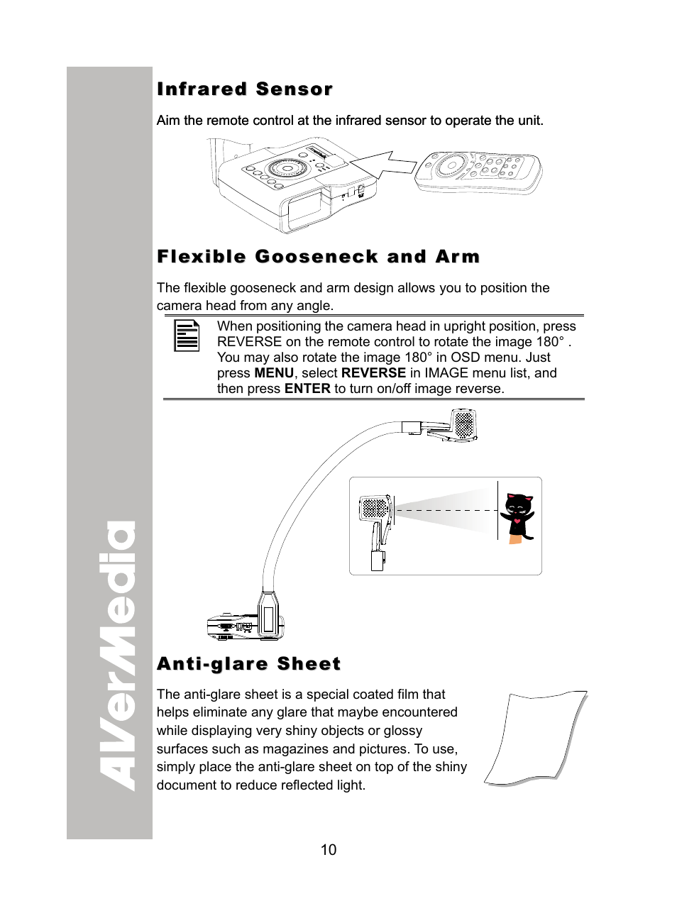 Infrared sensor, Flexible gooseneck and arm, Anti-glare sheet | AVer CP355 user manual User Manual | Page 14 / 30