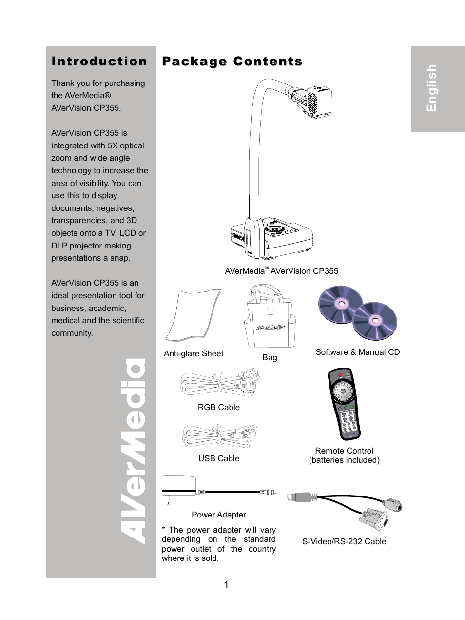 Introduction, Package contents, ภาษ าไทย | AVer CP355 user manual User Manual | Page 5 / 30