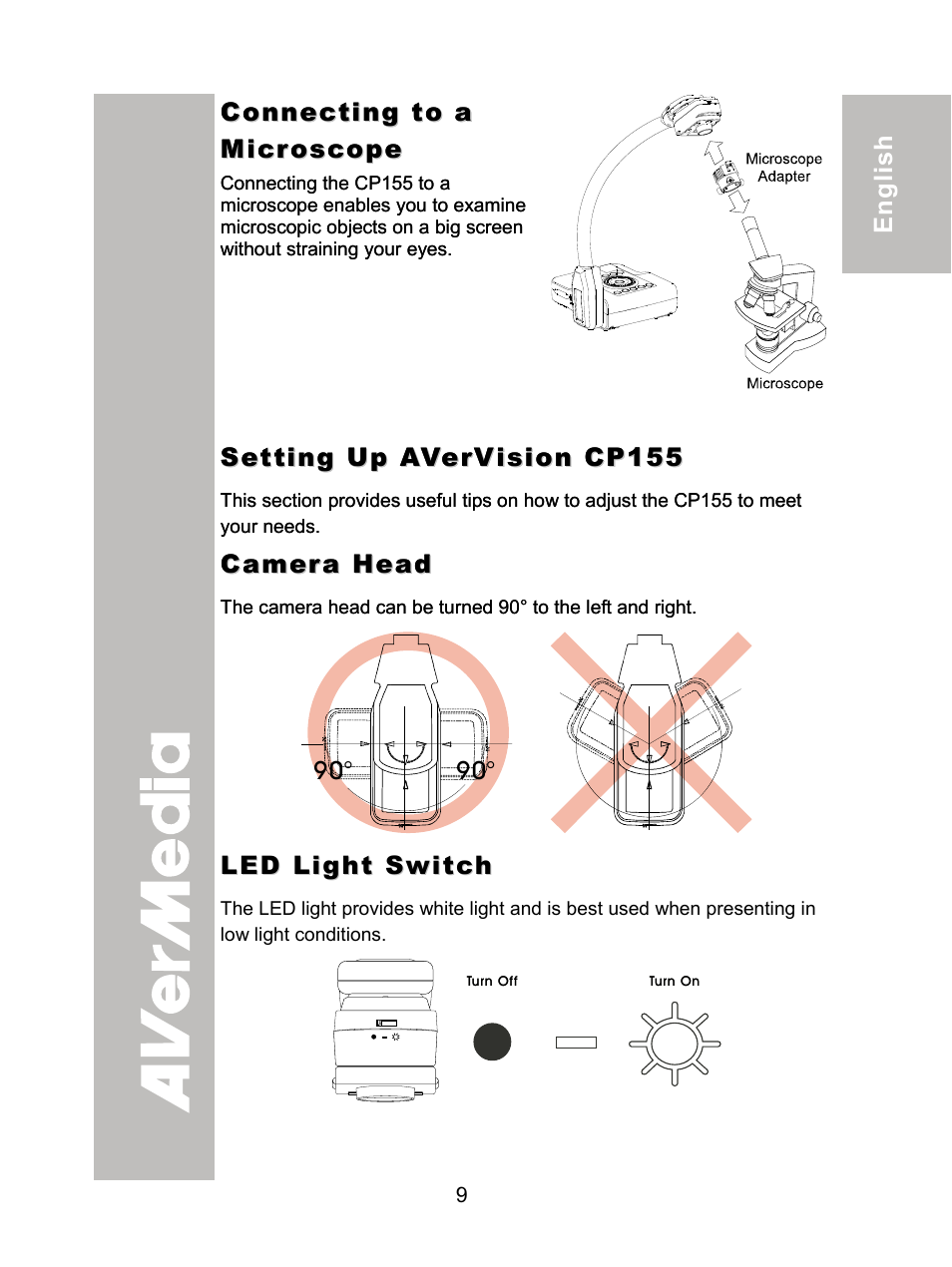 Introduction, Connecting to a microscope, Setting up avervision cp155 | Camera head, Led light switch | AVer CP155 user manual User Manual | Page 12 / 27