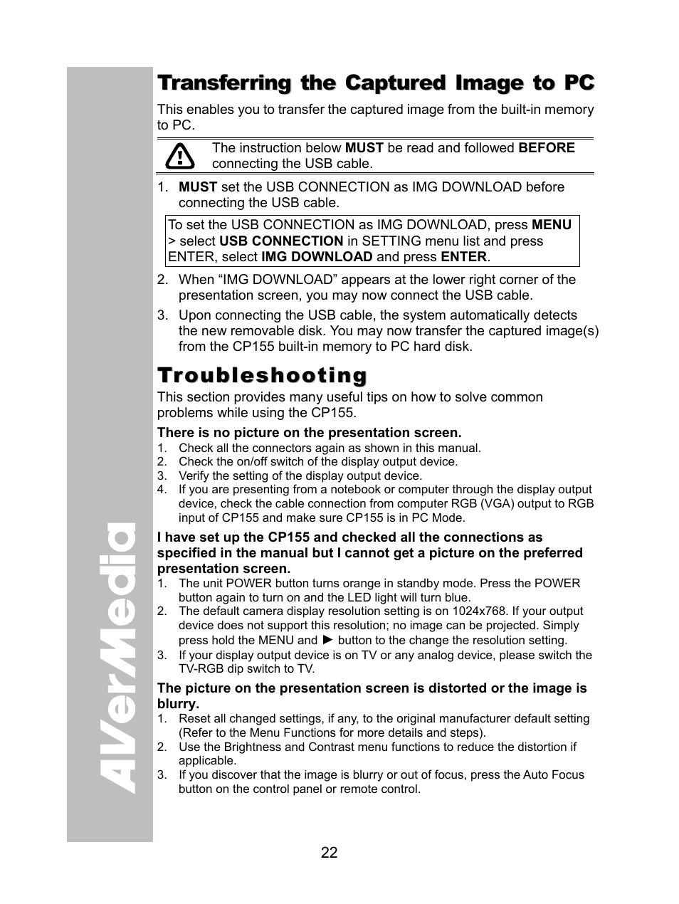 Transferring the captured image to pc, Troubleshooting | AVer CP155 user manual User Manual | Page 25 / 27
