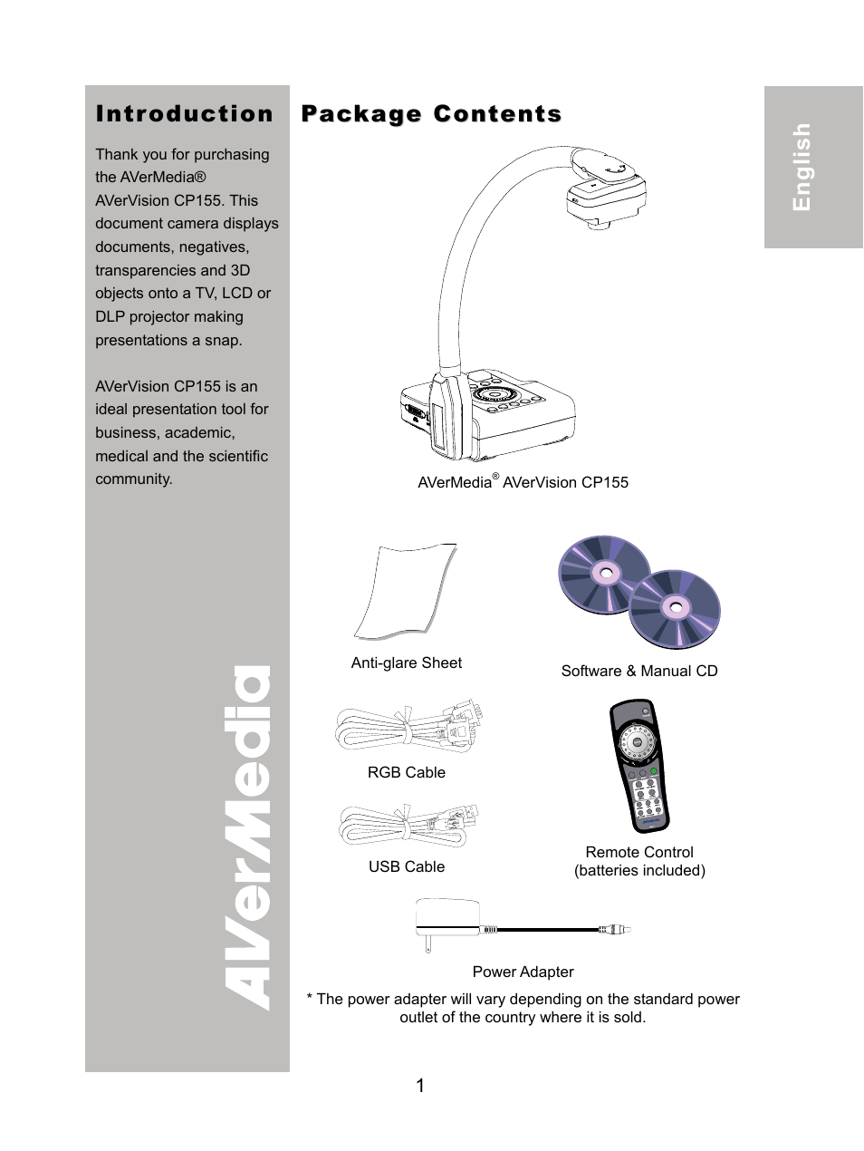 Package contents, Introduction | AVer CP155 user manual User Manual | Page 4 / 27