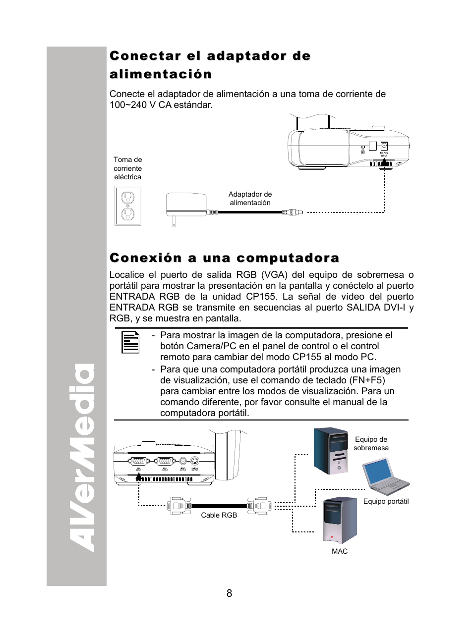 Conectar el adaptador de alimentación, Conexión a una computadora | AVer CP155 user manual User Manual | Page 11 / 30