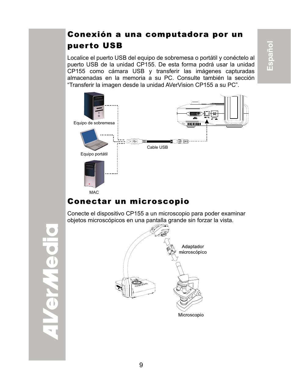 Conexión a una computadora por un puerto usb, Conectar un microscopio | AVer CP155 user manual User Manual | Page 12 / 30